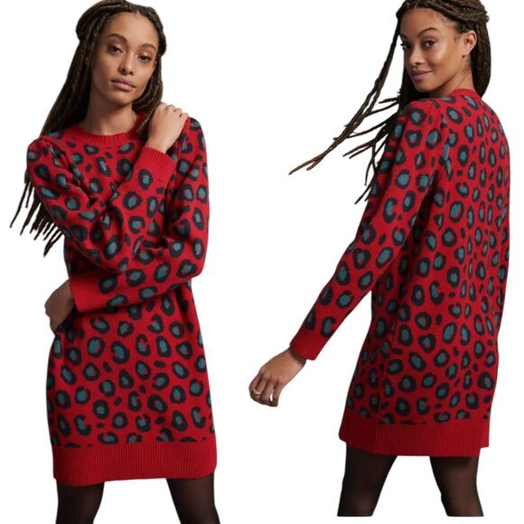 FARM Rio Blakely Tunic Puff Sleeve Red Black Cheetah Print Sweater Dress Medium - Picture 1 of 16